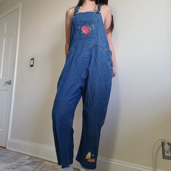 Vintage Mandal Bay Denim Overalls Womens L Hot Dog Embroidered Romper Cropped - Picture 6 of 11